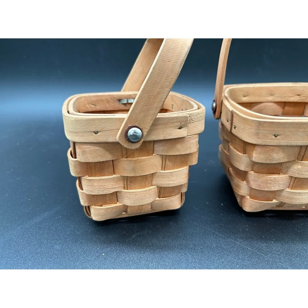 Set‎ of 2 Miniature Woven Wood Baskets with Handles Square Small Rustic Decor